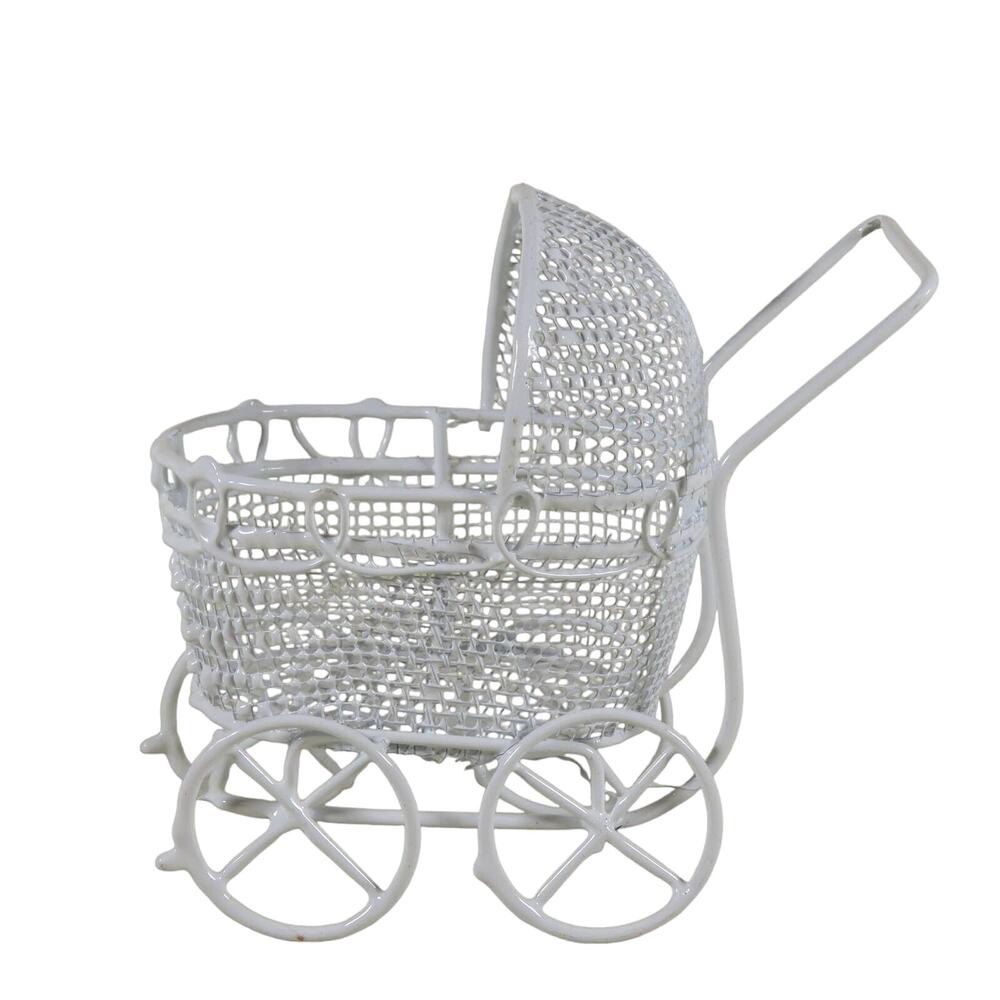 Mini Wire Baby Carriage 3.5" Dollhouse / Cake Topper Vintage Style White NEW